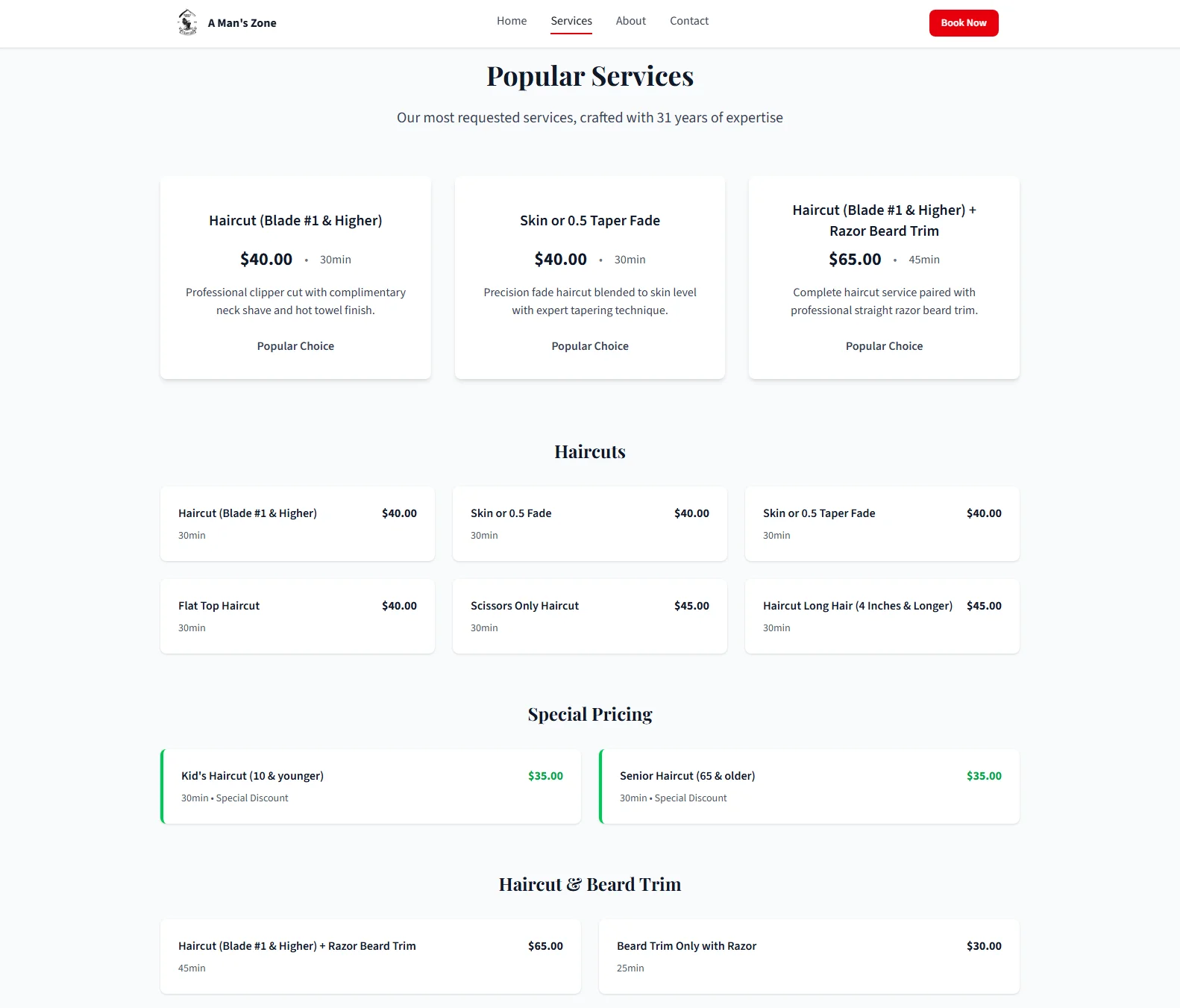 A Man's Zone services menu with pricing and descriptions