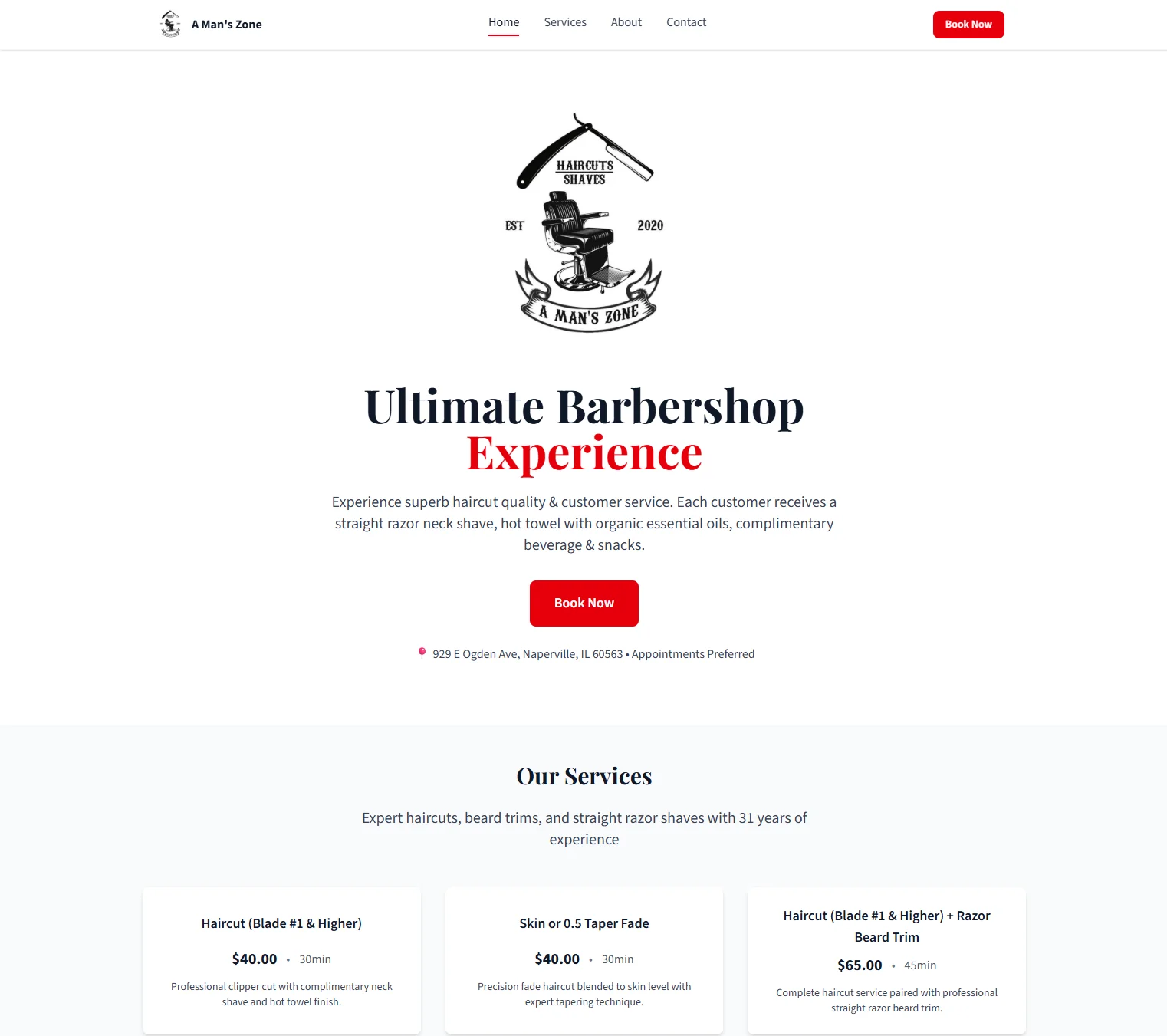 A Man's Zone landing page featuring brand logo, hero section, and service showcase
