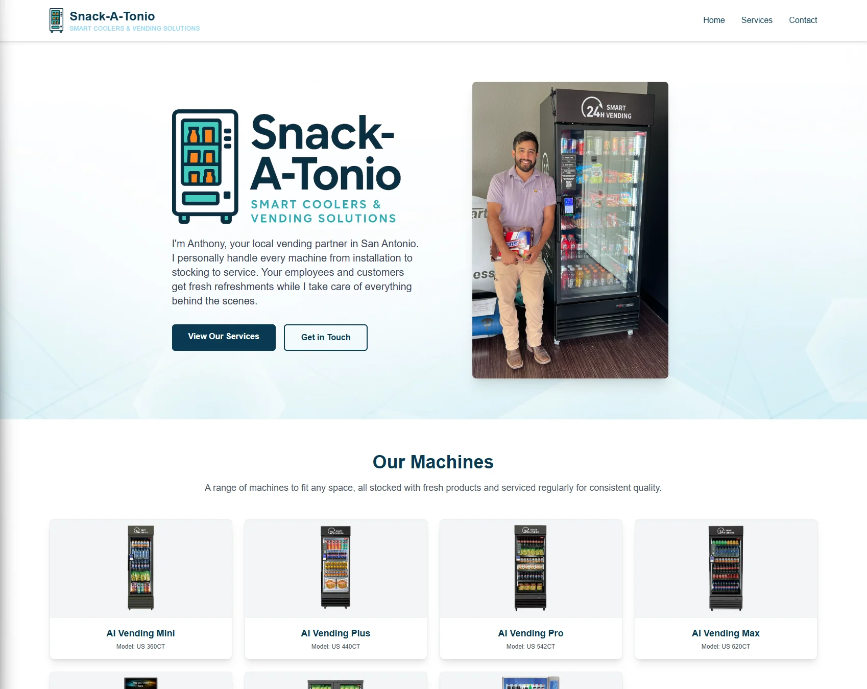Snack A Tonio website showing the hero section with Anthony alongside a smart cooler and the machine catalog below