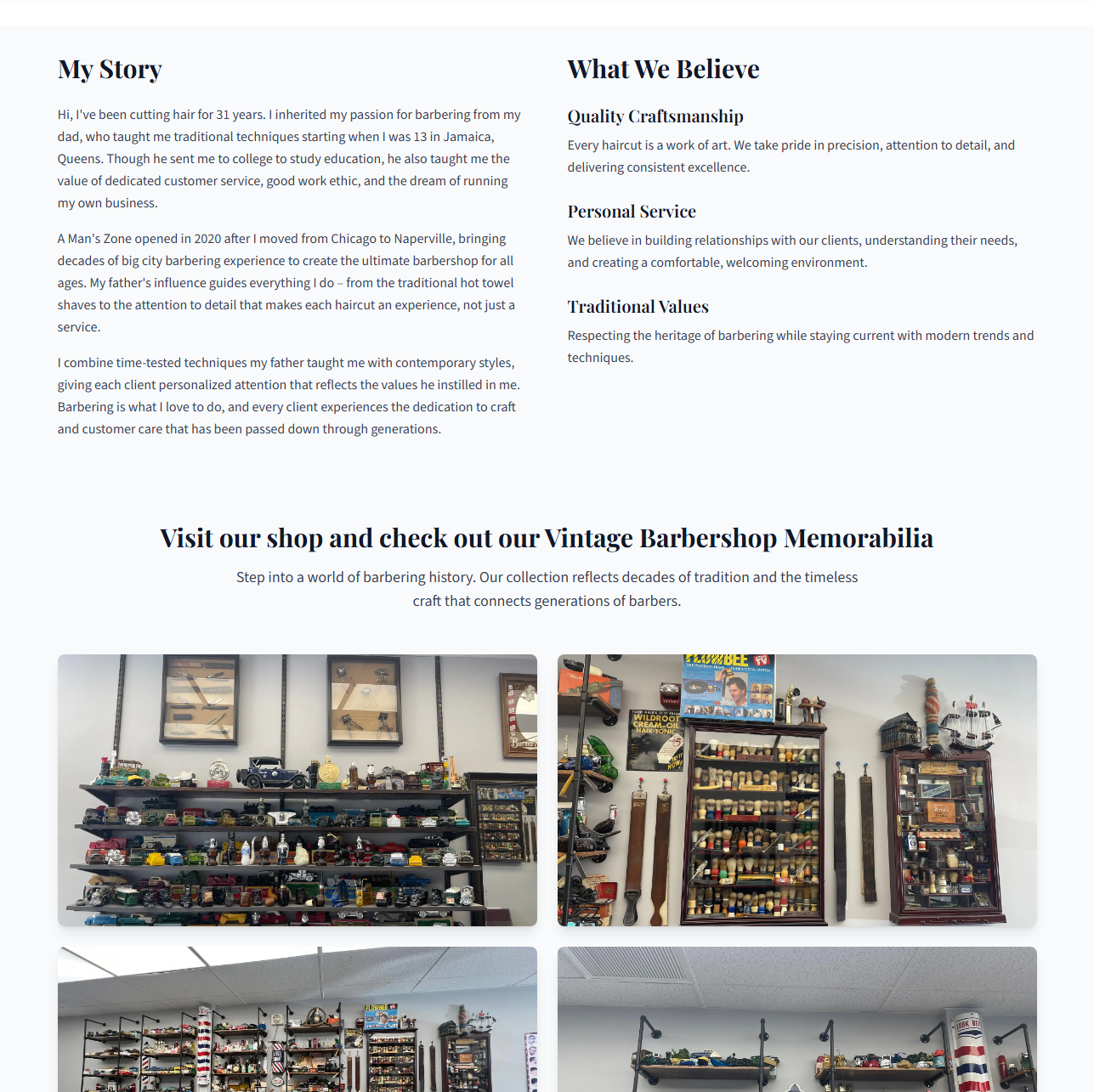 A Man's Zone About page featuring the owner's 31-year barbering journey and family heritage