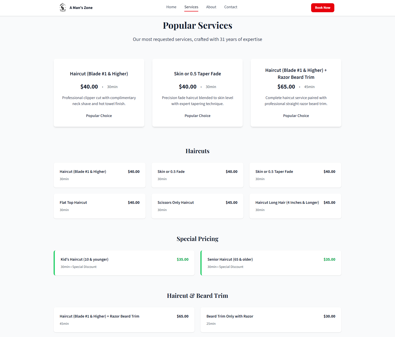 A Man's Zone services menu with pricing and descriptions