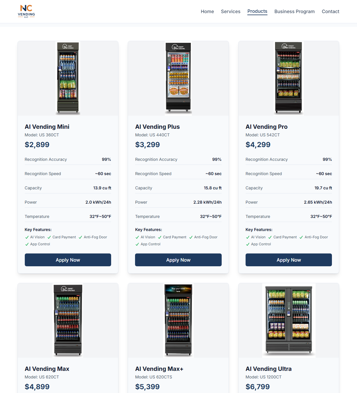 New machines page with Apply Now buttons