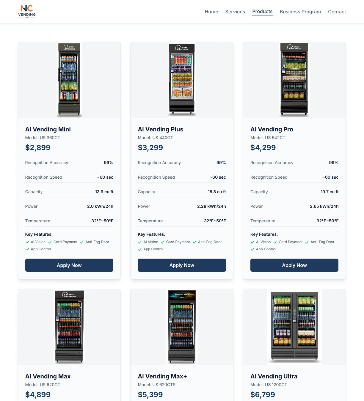 New machines page with Apply Now buttons