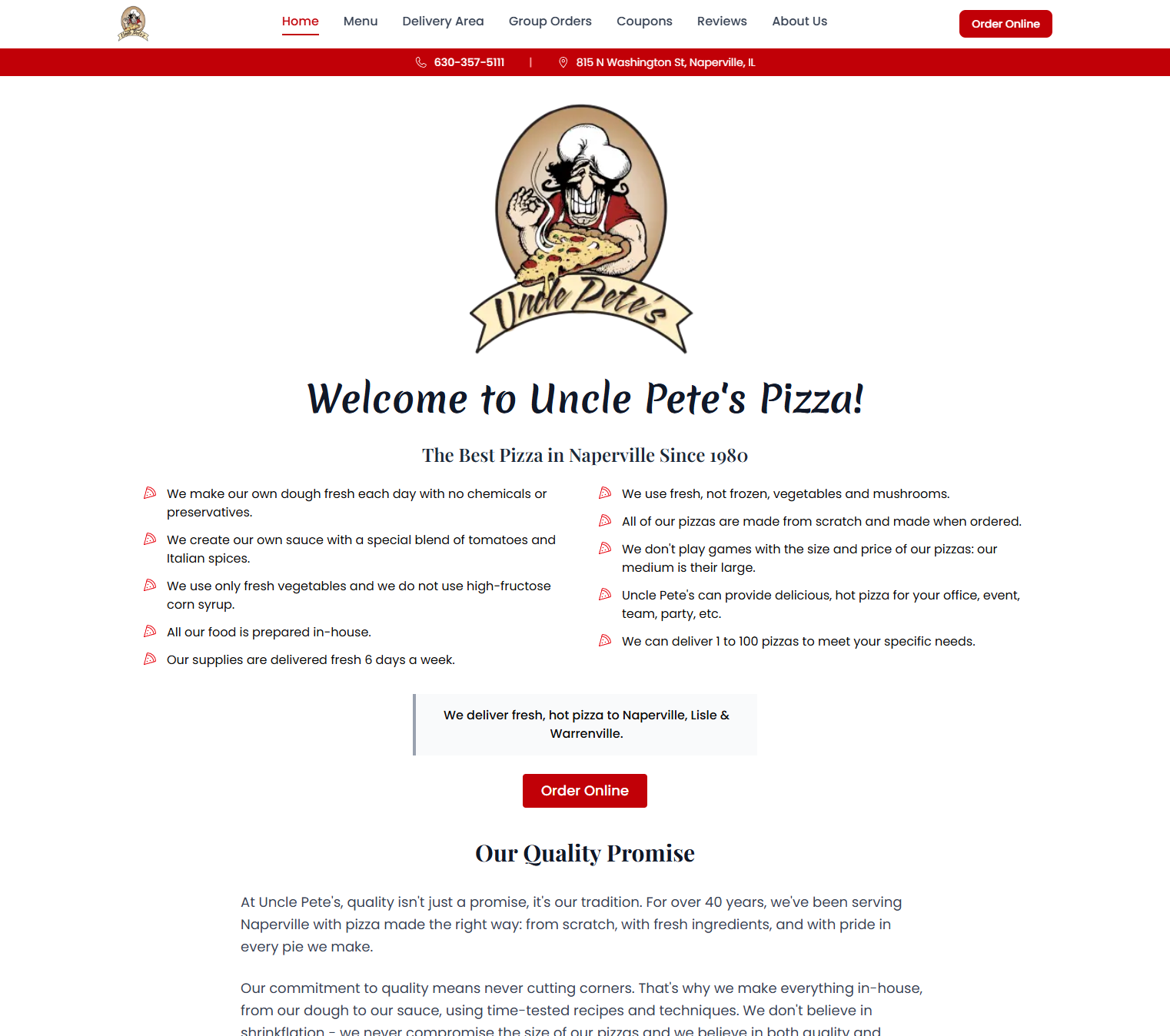 New Uncle Pete's Pizza landing page